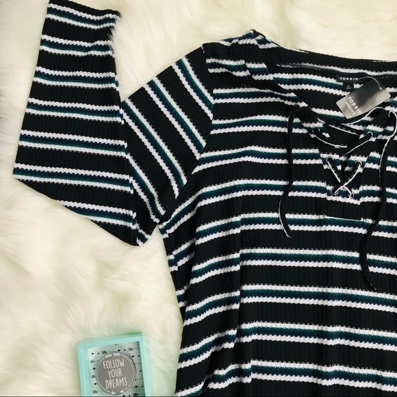 Torrid | Black Striped Long Sleeve Lace Up Henley - Picture 4 of 6